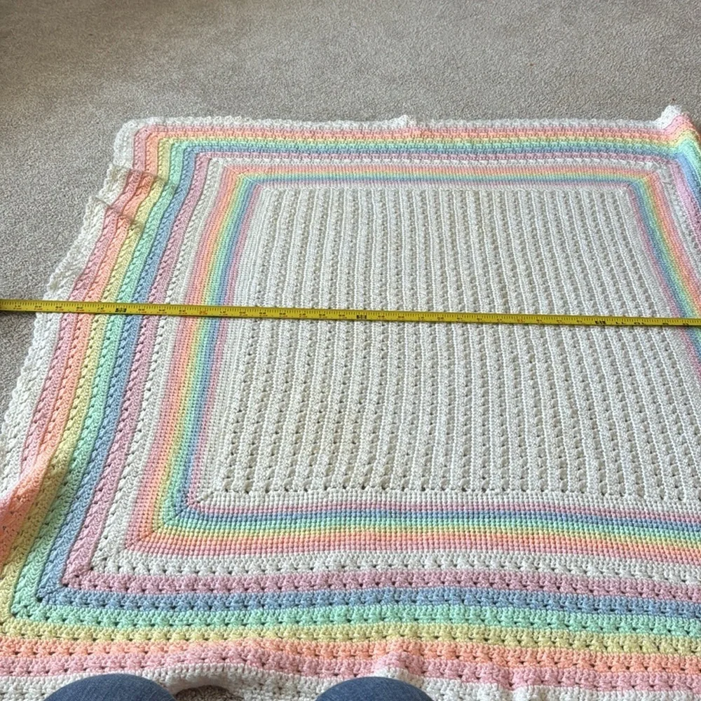Crochet Rainbow Handmade Baby Blanket Afghan, Stroller Throw, White and Pastel
